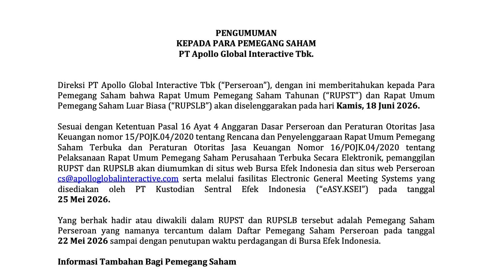 Announcement of RUPS 2026